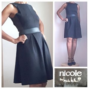 NWT- Nicole Miller Black Dress; Vegan Leather Trim